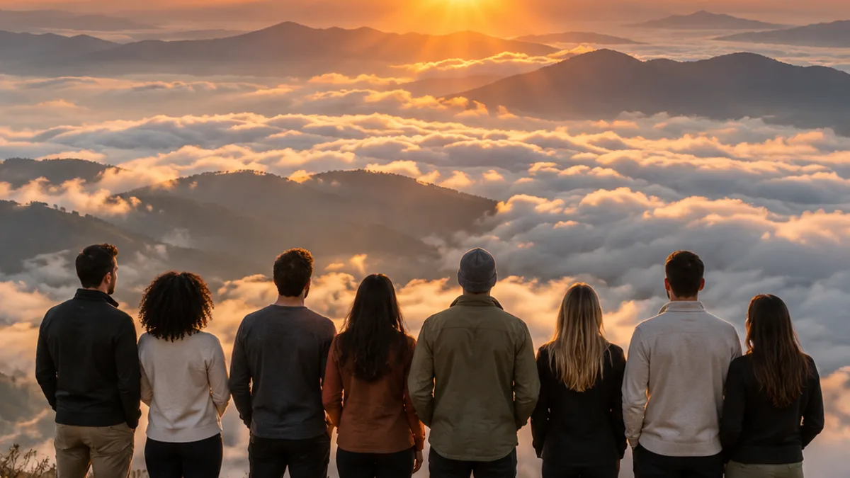 Oito pessoas lado a lado, de costas, no alto de uma montanha acima de um mar de nuvens ao nascer do sol