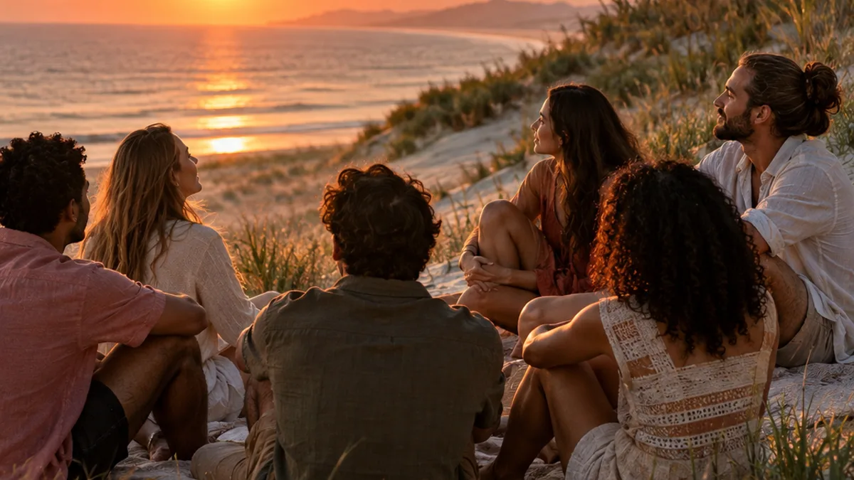 Amigos sentados em roda nas dunas, conversando diante do pôr do sol sobre o mar