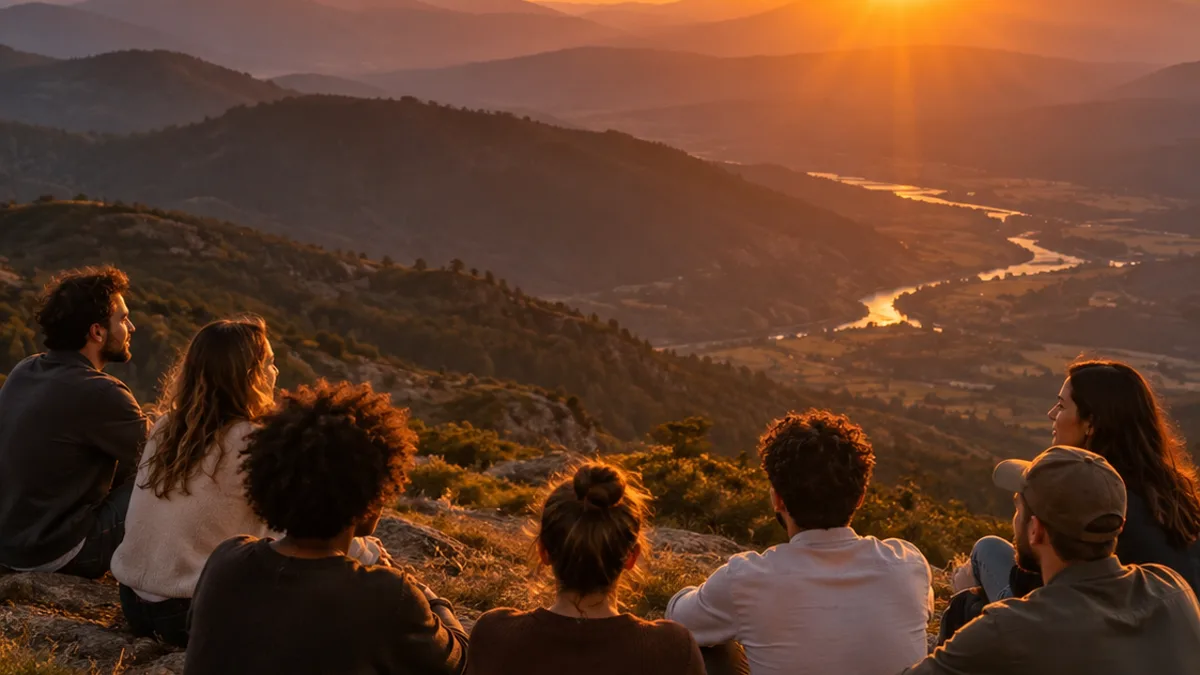 Grupo sentado nas pedras do alto da montanha, contemplando o pôr do sol sobre um vale com um rio