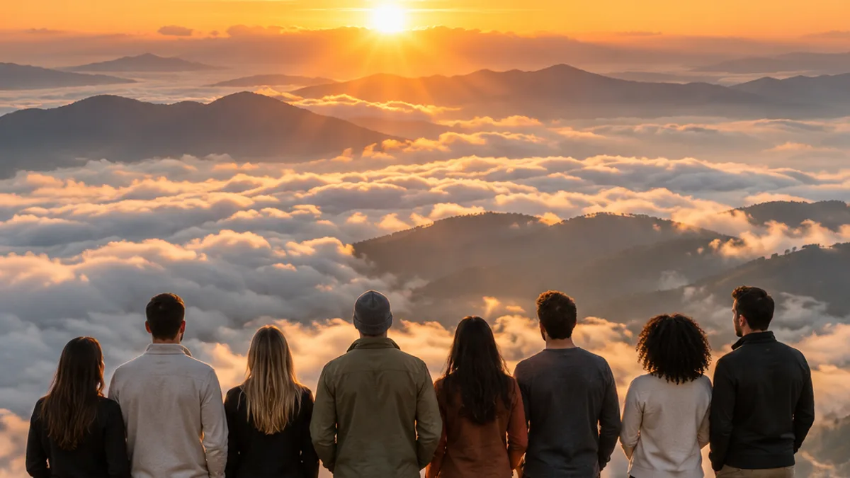 Oito pessoas lado a lado, de costas, no alto de uma montanha acima de um mar de nuvens ao nascer do sol