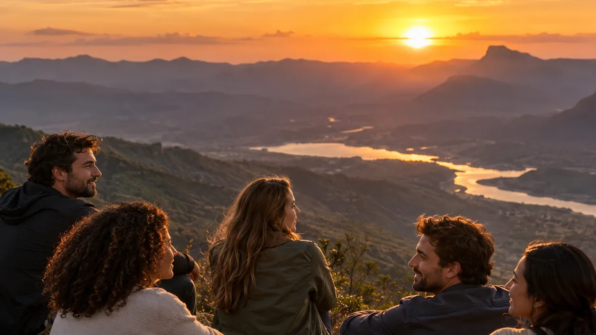 Grupo de amigos sentados nas pedras do alto de uma montanha, conversando ao pôr do sol, com um rio no vale