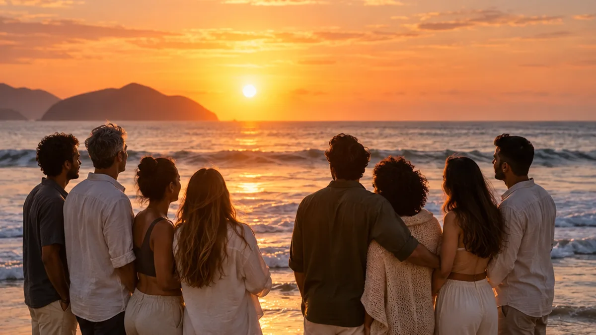 Grupo de pessoas abraçadas, de costas, com os pés na água, olhando o pôr do sol na praia