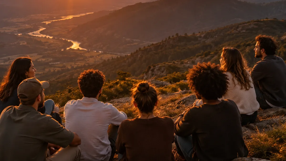 Grupo sentado nas pedras do alto da montanha, contemplando o pôr do sol sobre um vale com um rio