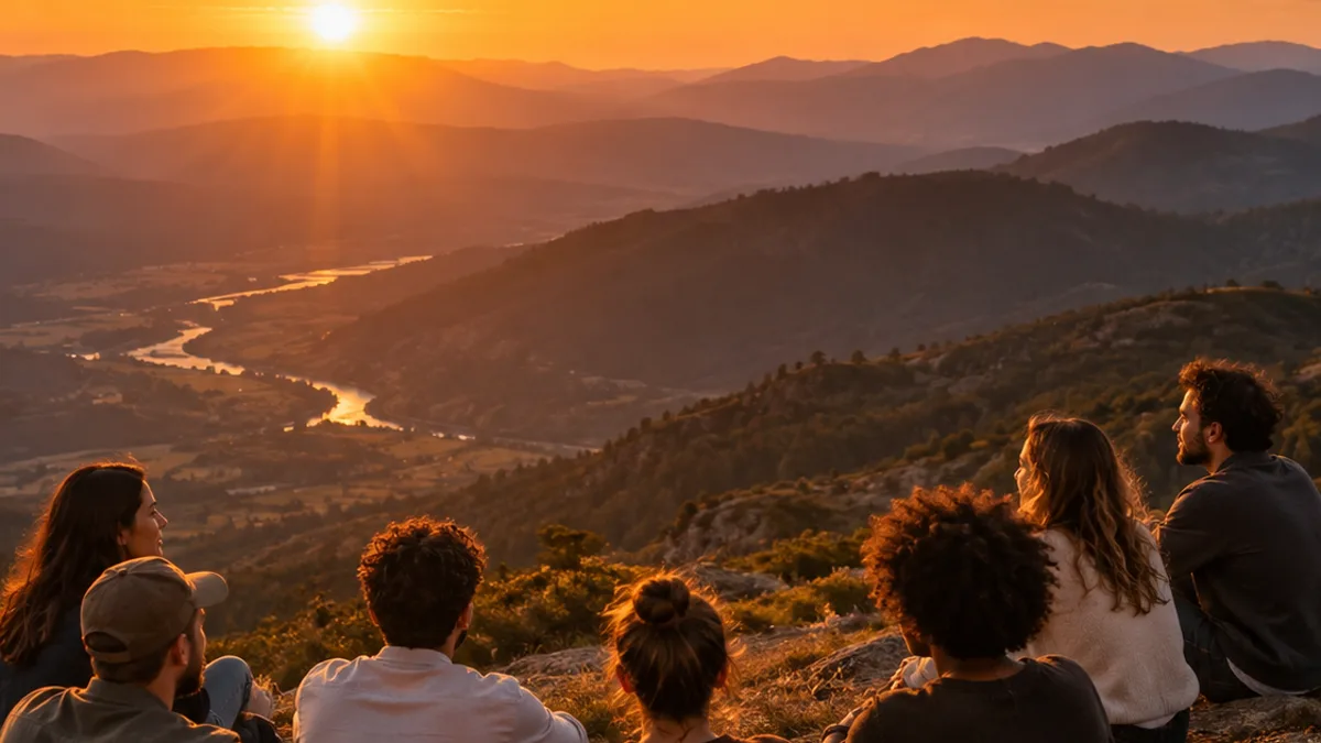 Grupo sentado nas pedras do alto da montanha, contemplando o pôr do sol sobre um vale com um rio
