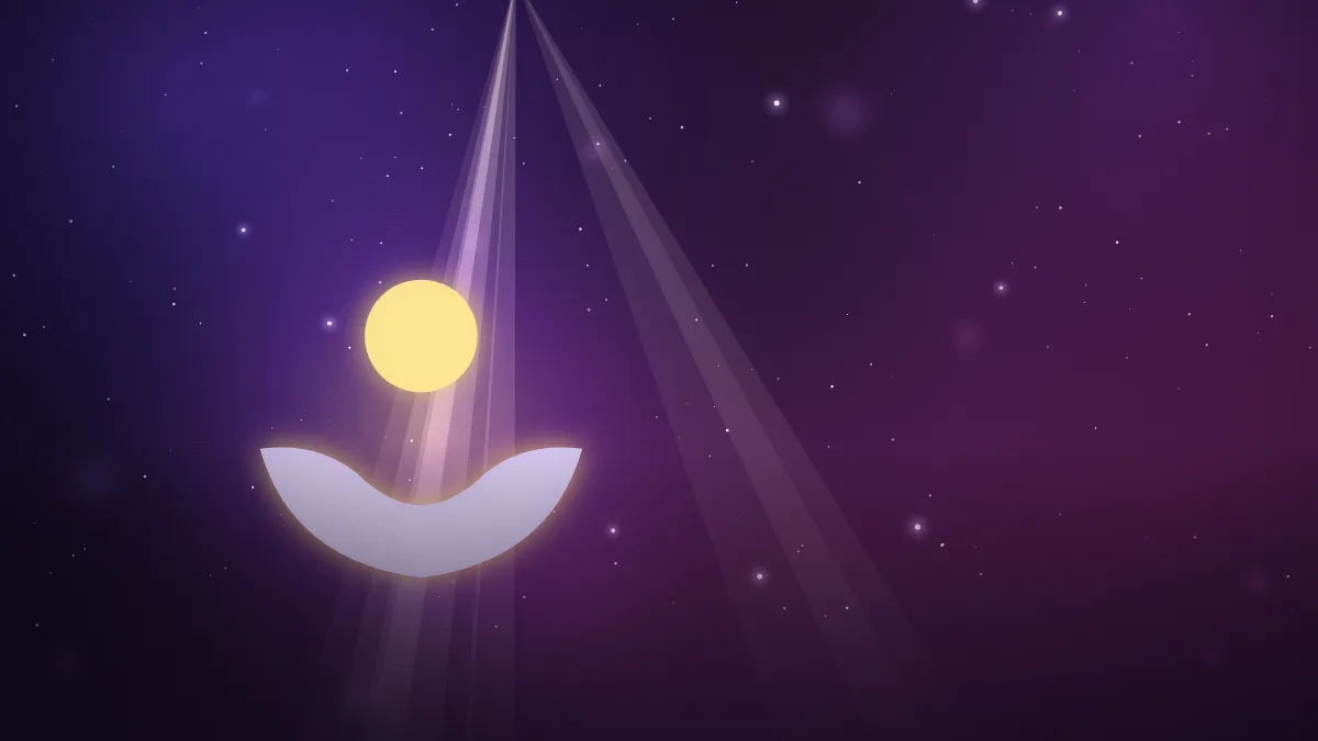 Ilustração de mãos em concha recebendo uma esfera dourada, em céu roxo estrelado