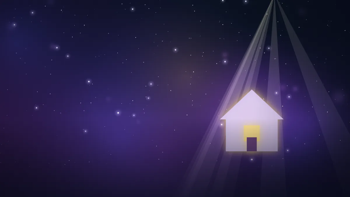 Ilustração de uma casa com janela iluminada sob feixes de luz, em noite estrelada