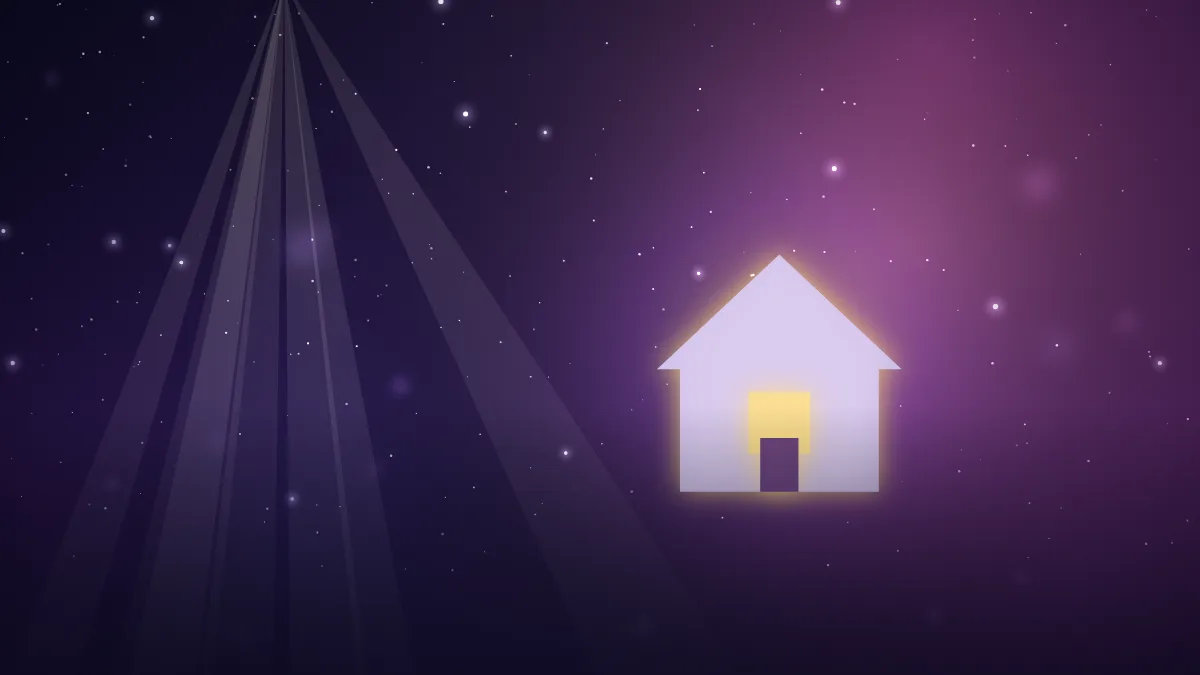 Ilustração de uma casa com a janela iluminada, sob céu estrelado