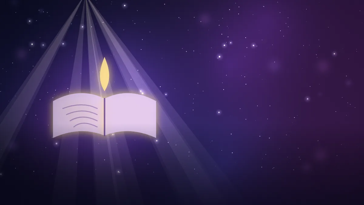 Ilustração de um livro aberto com uma pequena chama acima, sob feixes de luz