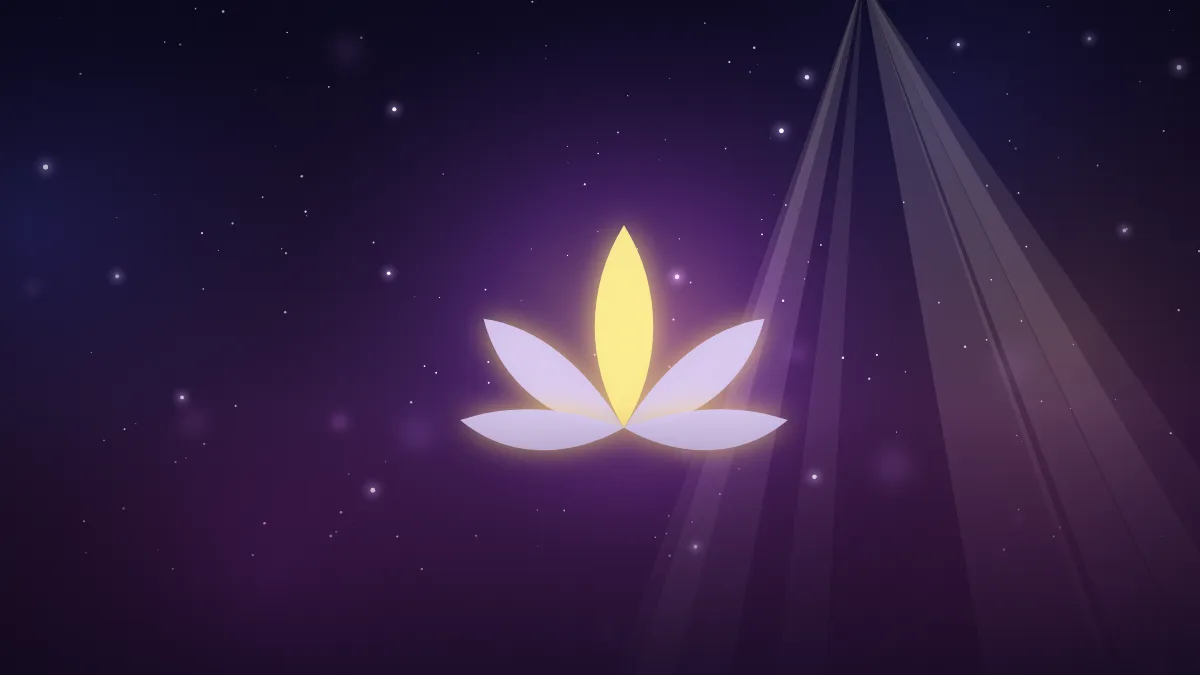 Ilustração de uma flor de lótus luminosa sobre águas calmas, em céu noturno