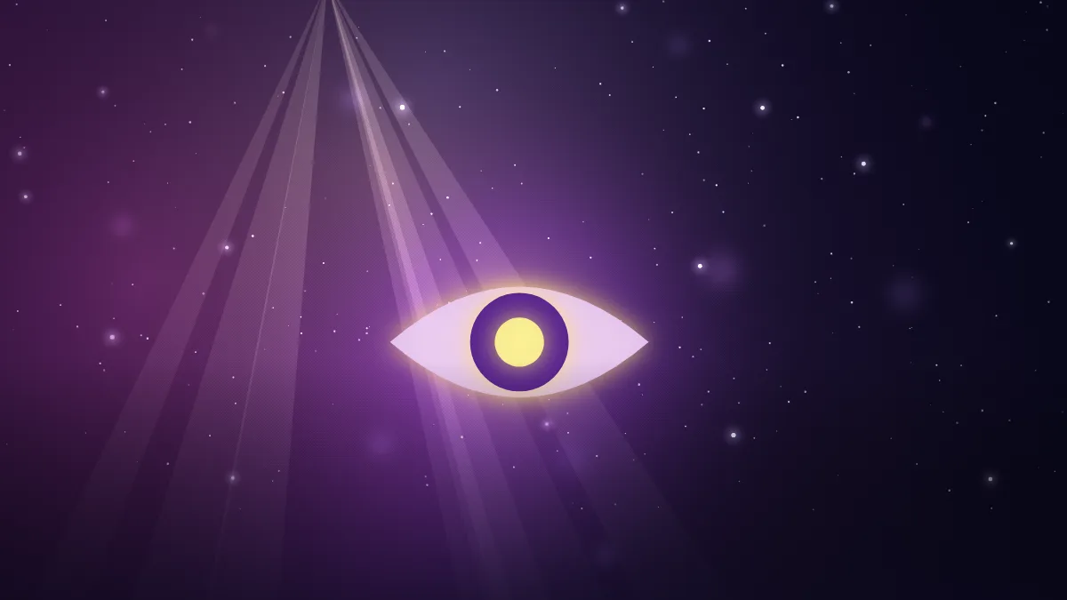 Ilustração de um olho luminoso cercado por feixes de luz, em noite estrelada