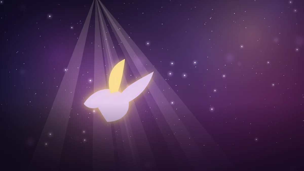 Ilustração de uma pomba luminosa com asa dourada, sob feixes de luz em céu estrelado