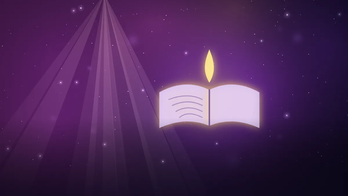 Ilustração de um livro aberto iluminado por feixes de luz, em noite estrelada