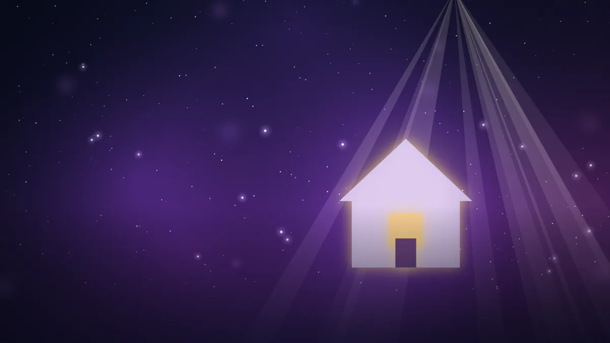 Ilustração de uma casa com janela iluminada sob feixes de luz, em noite estrelada