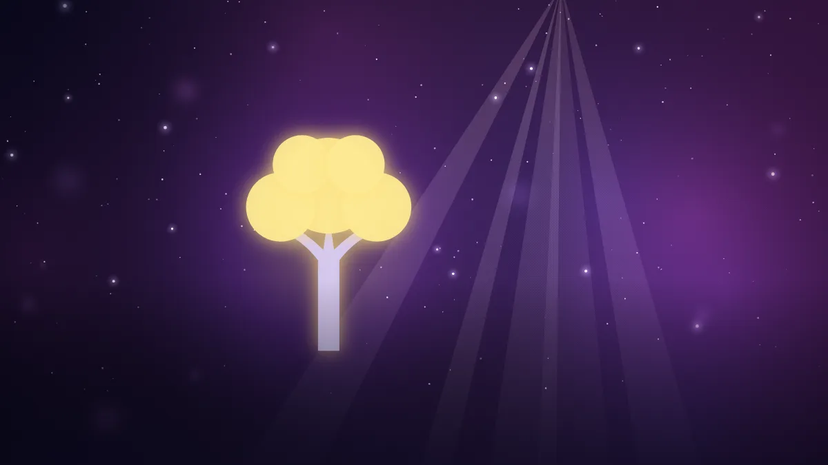 Ilustração de uma árvore frondosa sob feixes de luz, em céu estrelado