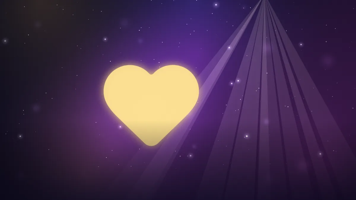 Ilustração de um coração dourado luminoso sob feixes de luz, em céu estrelado