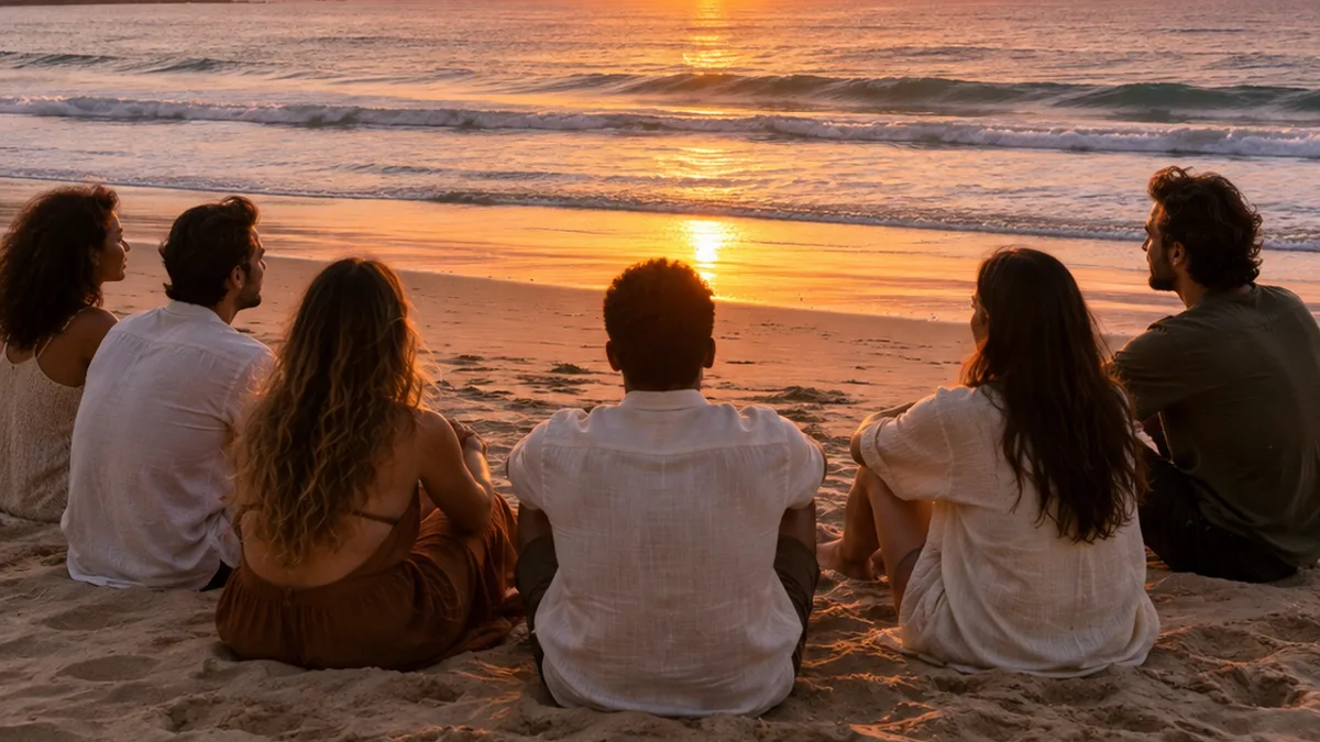Seis pessoas sentadas na areia, de costas, olhando o pôr do sol rosado sobre o mar