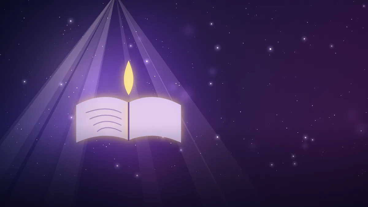 Ilustração de um livro aberto iluminado, em céu estrelado azul e roxo