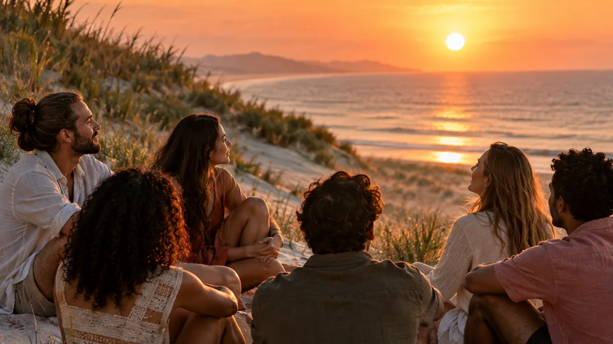 Amigos sentados em roda nas dunas, conversando diante do pôr do sol sobre o mar