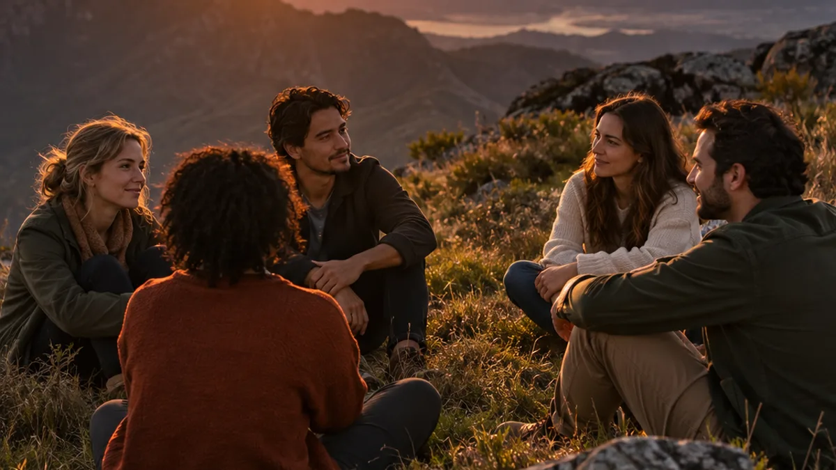Cinco pessoas conversando em roda no alto de uma montanha, com o sol se pondo no horizonte