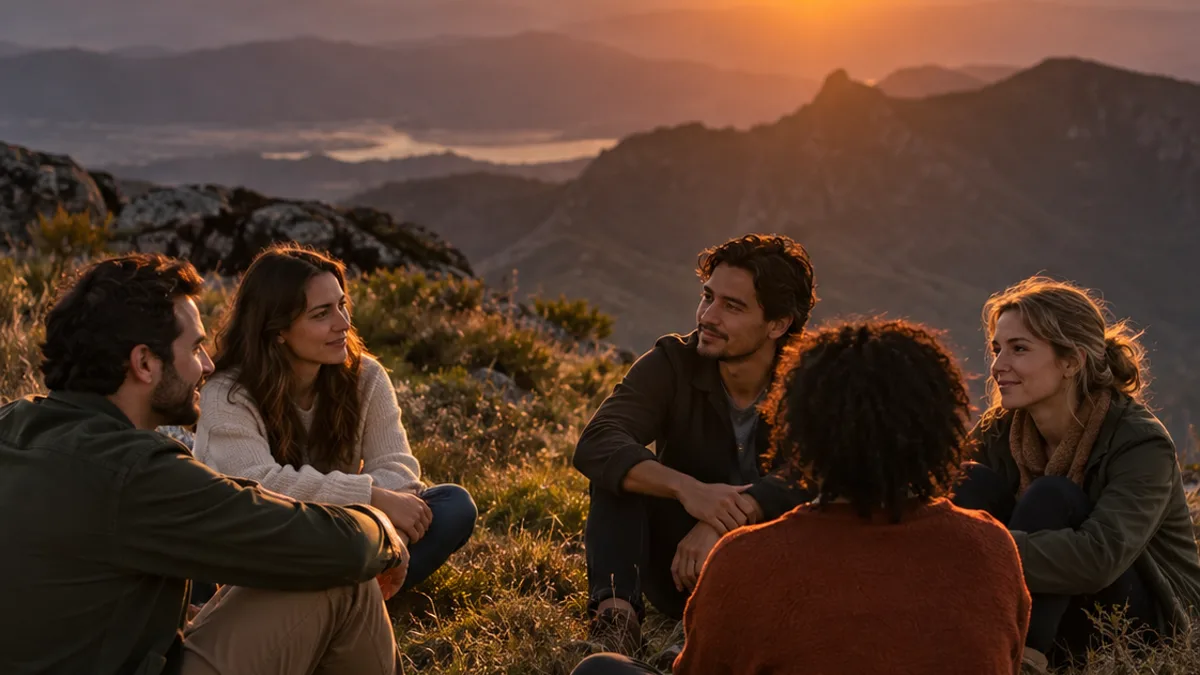 Cinco pessoas conversando em roda no alto de uma montanha, com o sol se pondo no horizonte