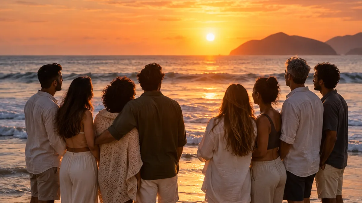 Grupo de pessoas abraçadas, de costas, com os pés na água, olhando o pôr do sol na praia