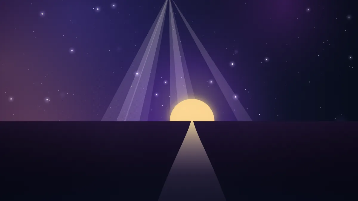 Ilustração de um caminho iluminado que sobe entre colinas, sob um céu estrelado