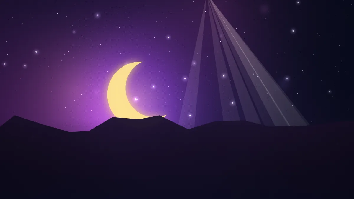 Ilustração de uma lua crescente sobre colinas, com feixes de luz num céu estrelado