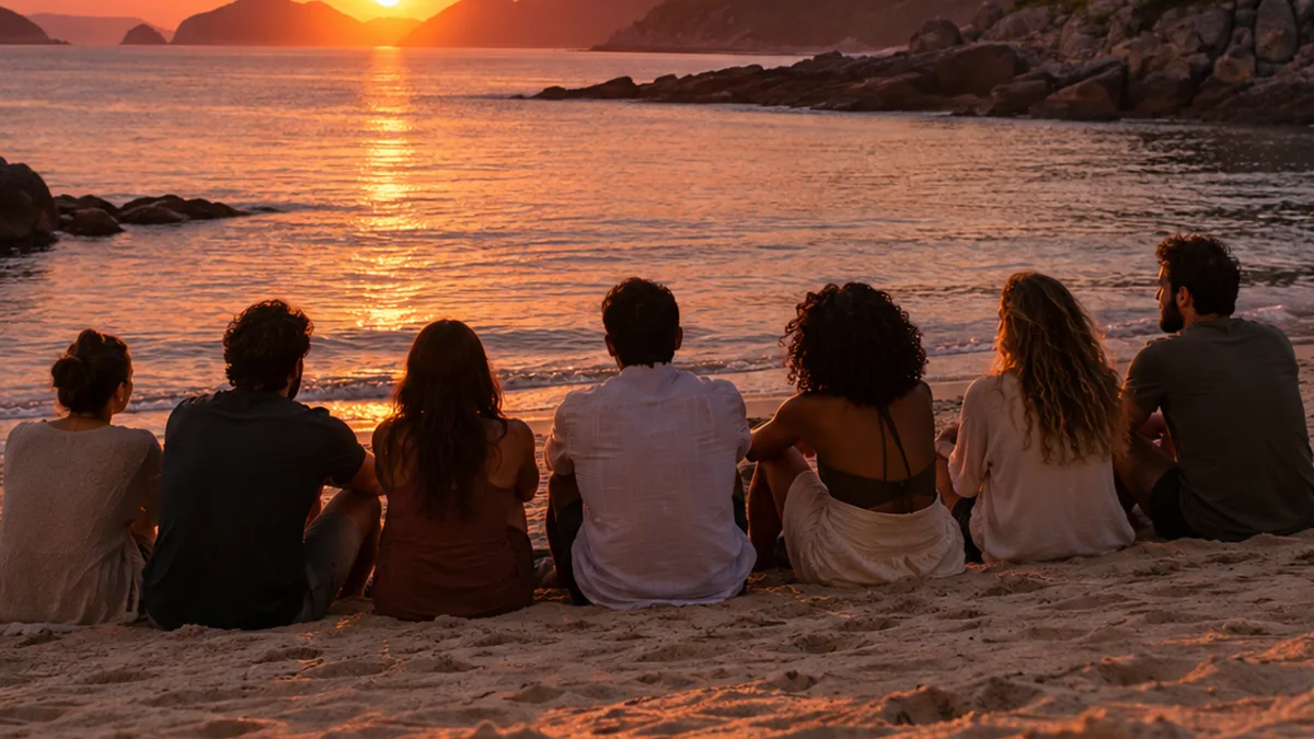 Sete pessoas sentadas lado a lado na areia, contemplando o pôr do sol numa enseada entre montanhas