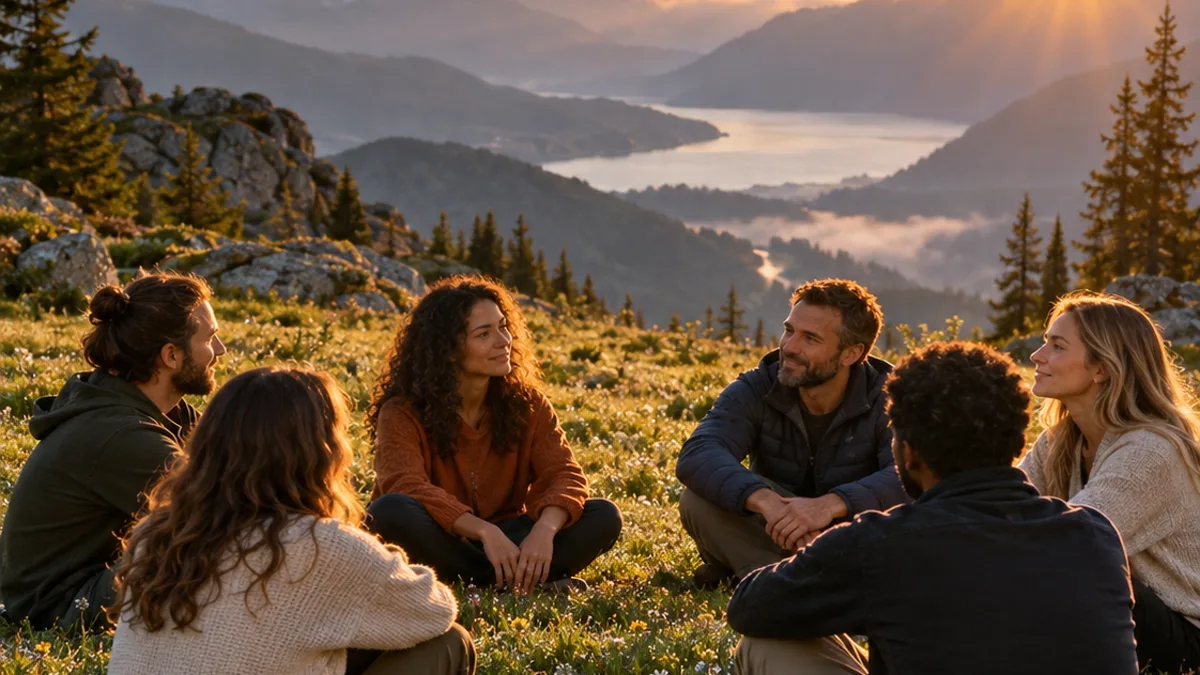 Grupo sentado em roda num campo florido no alto das montanhas, ao nascer do sol, com um lago ao fundo