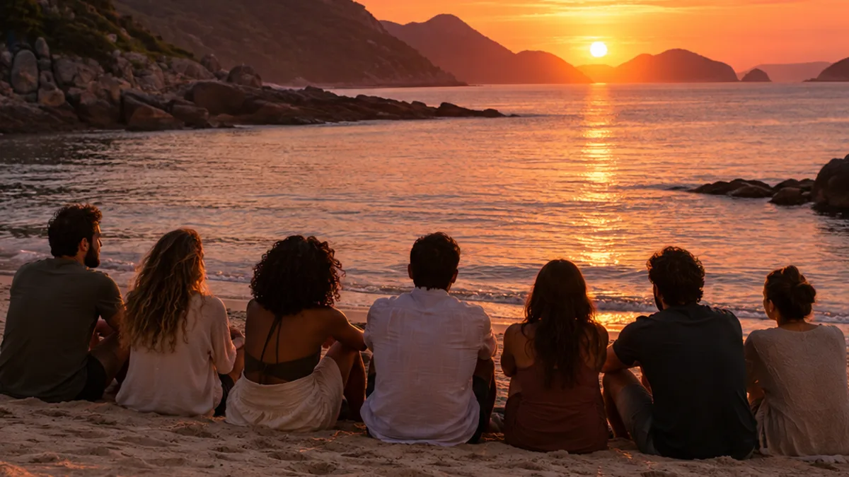 Sete pessoas sentadas lado a lado na areia, contemplando o pôr do sol numa enseada entre montanhas