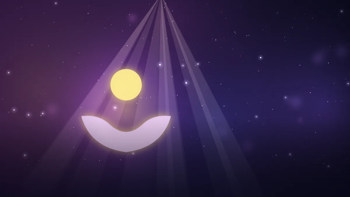 Ilustração de mãos em concha recebendo feixes de luz e uma esfera dourada, em céu estrelado roxo