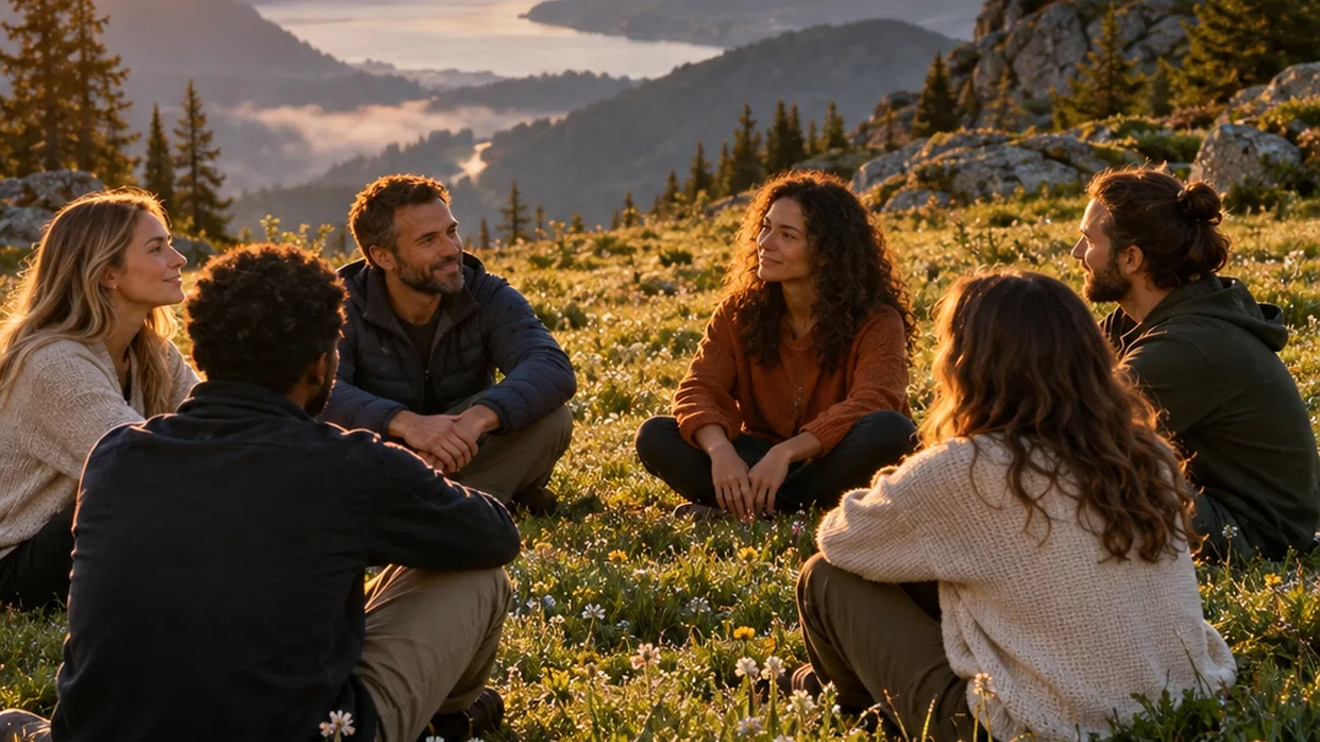 Grupo sentado em roda num campo florido no alto das montanhas, ao nascer do sol, com um lago ao fundo