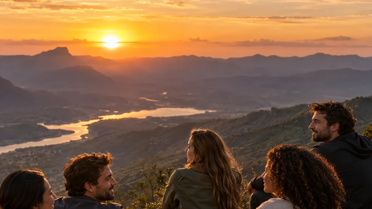 Grupo de amigos sentados nas pedras do alto de uma montanha, conversando ao pôr do sol, com um rio no vale