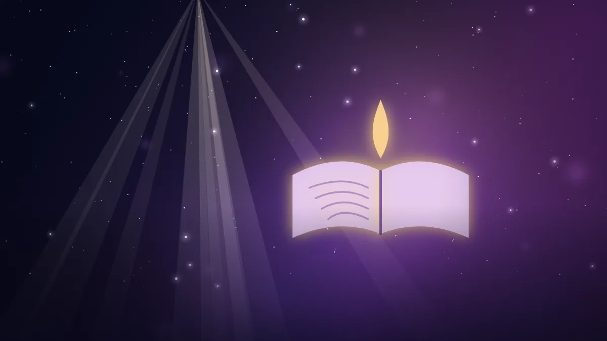 Ilustração de um livro aberto iluminado, em céu estrelado azul e roxo