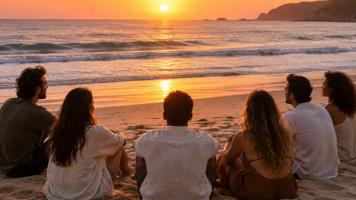 Seis pessoas sentadas na areia, de costas, olhando o pôr do sol rosado sobre o mar