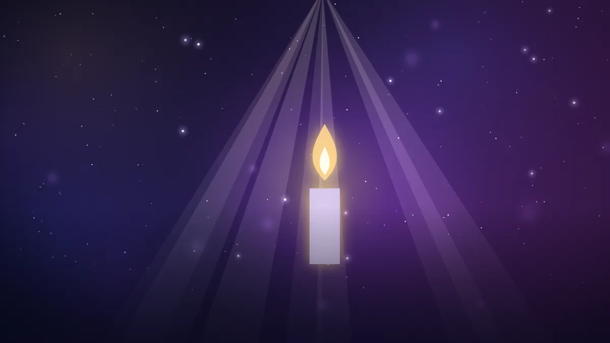 Ilustração de uma vela acesa sob raios de luz, em céu estrelado azul e roxo
