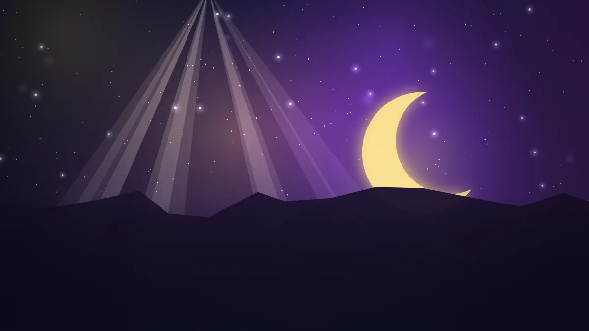 Ilustração de uma lua crescente dourada surgindo atrás de montanhas, em céu estrelado