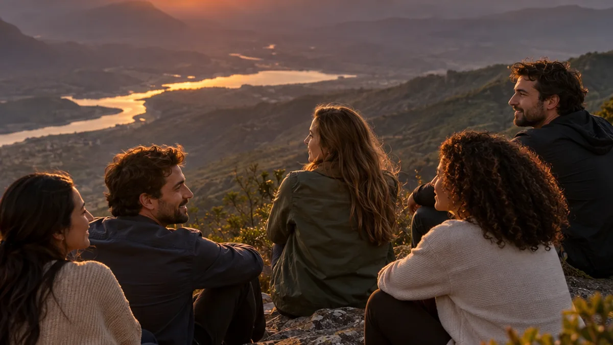 Grupo de amigos sentados nas pedras do alto de uma montanha, conversando ao pôr do sol, com um rio no vale